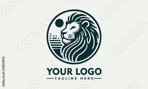 Stylized lion head with flowing mane enclosed in circular ornamental frame in detailed line design. Animal concept
