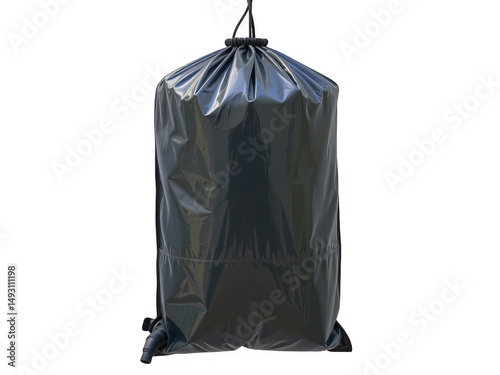 Black Plastic Garbage Bag Filled with Waste on White Background
