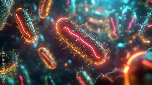 Hyper-detailed synthetic bacterial life emitting pulsating neon lights in liquid