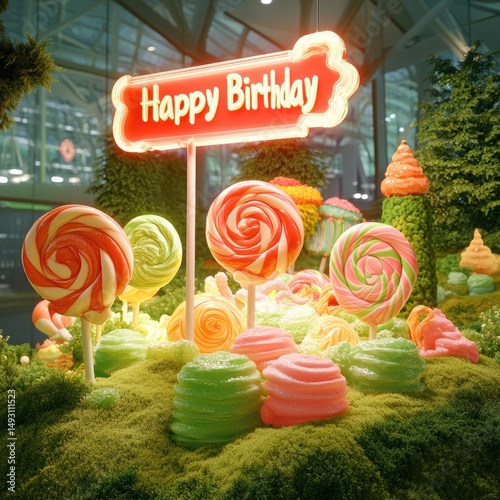 Whimsical giant lollipop garden celebration festive birthday theme colorful outdoor display joyful atmosphere vibrant perspective