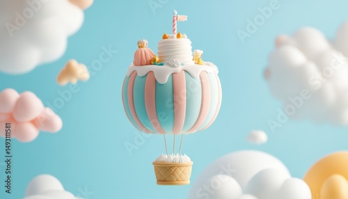 Surprise hot air balloon cake birthday party festive atmosphere celebration whimsical viewpoint joyful concept