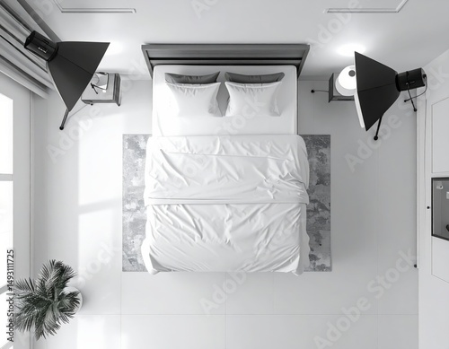 Modern bedroom setup with articulated lighting and minimalist design elements