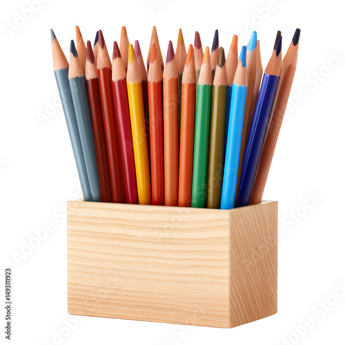 Colorful pencils in a wooden holder, ready for a creative journey. The vibrant pencils, arranged in a  colorful array, stand out against the simple wooden holder. 