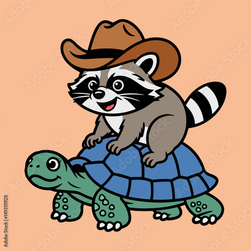 Cute Raccoon Wearing Cowboy Hat Riding Tortoise Cartoon