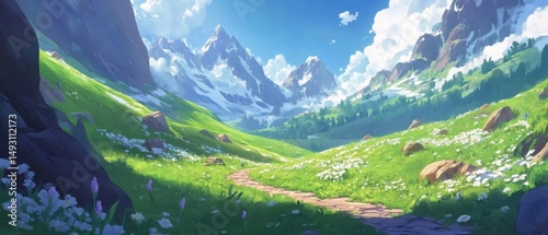 Serene Mountain Valley Landscape with Path and Wildflowers, Eye-Level View, Peaceful Scene, Sunny Day