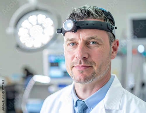 Portrait of a medical professional with surgical headlamp in clinical environment