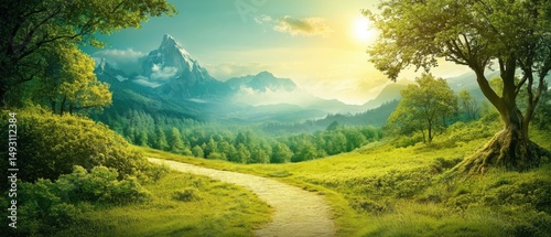 Scenic mountain landscape with hiking trail through lush green meadow and forest under bright sunlight