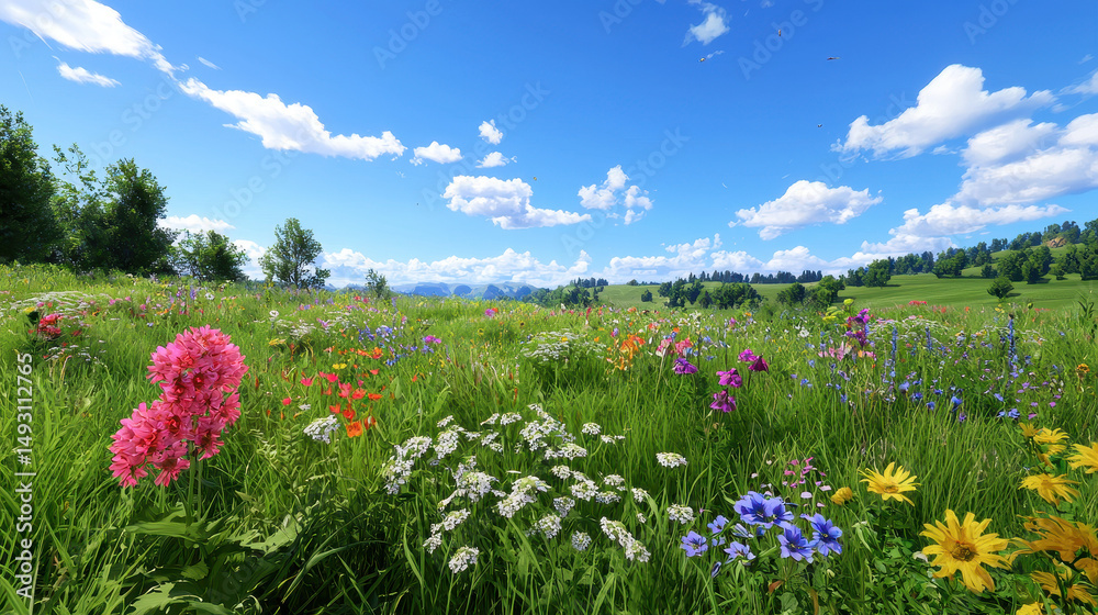 Obraz premium Vibrant meadow filled with colorful wildflowers under bright blue sky, creating serene and peaceful atmosphere