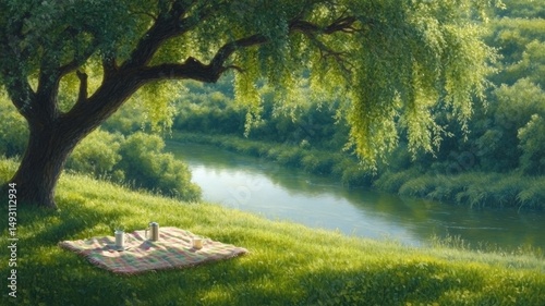 Serene picnic by river, impressionistic painting style, sunny day outdoors with food and drink. Ideal for tranquil scenes, book covers, or relaxing lifestyle content.