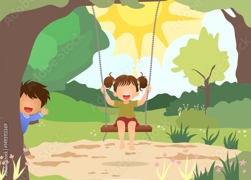 two children having fun outdoor in the park. little girl playing swing. one littel boy hiding behind tree.