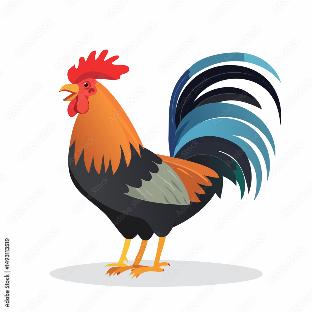 Fototapeta premium Cute Rooster in Simple Vector Style – Minimalist Cartoon Farm Bird on White Background