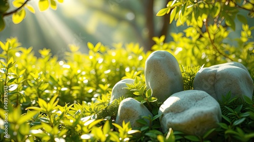 Serene garden scene with smooth stones and lush green foliage bathed in sunlight