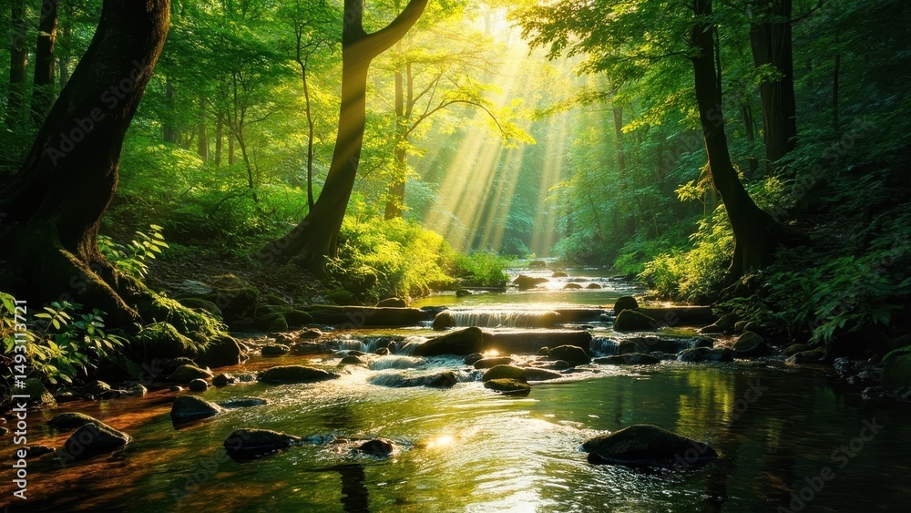 Obraz premium A serene forest scene features a winding stream flowing through dense foliage. Sunlight filters through the trees, casting dappled reflections on the water, enhancing the peaceful and untouched beaut
