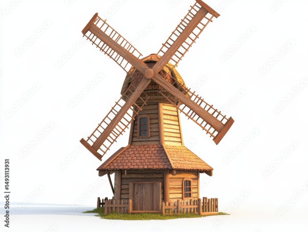 Obraz premium Rustic wooden windmill architecture against white background studio shot of vintage farm building with blades