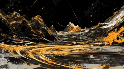 Abstract Mountain Landscape with Golden Light Trails and Dark Sky Artistic Interpretation