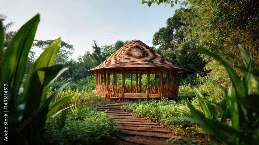Serene bamboo pavilion surrounded by lush tropical vegetation in nature Serene bamboo pavilion surrounded by lush tropical vegetation in nature