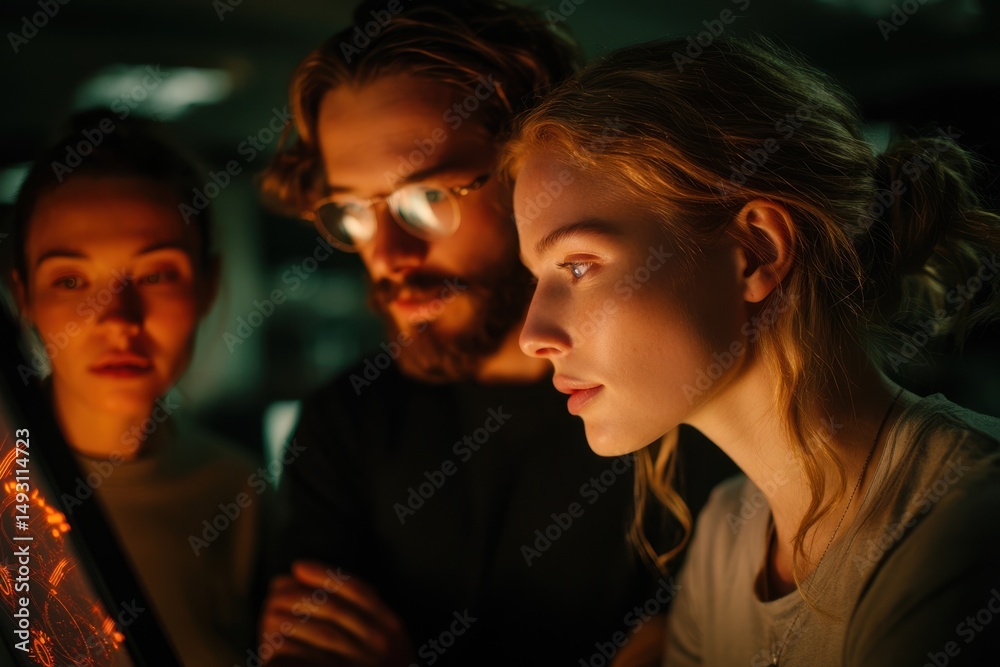 Fototapeta premium Team Analyzing Data on Screen in Dark Room, Illustrating Collaboration and Business Intelligence for Corporate Strategy and Innovation : Generative AI