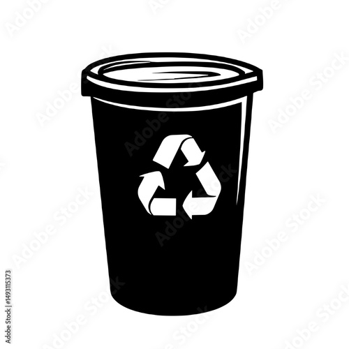 Black recycling bin icon featuring a recycling symbol, representing sustainability and environmental care