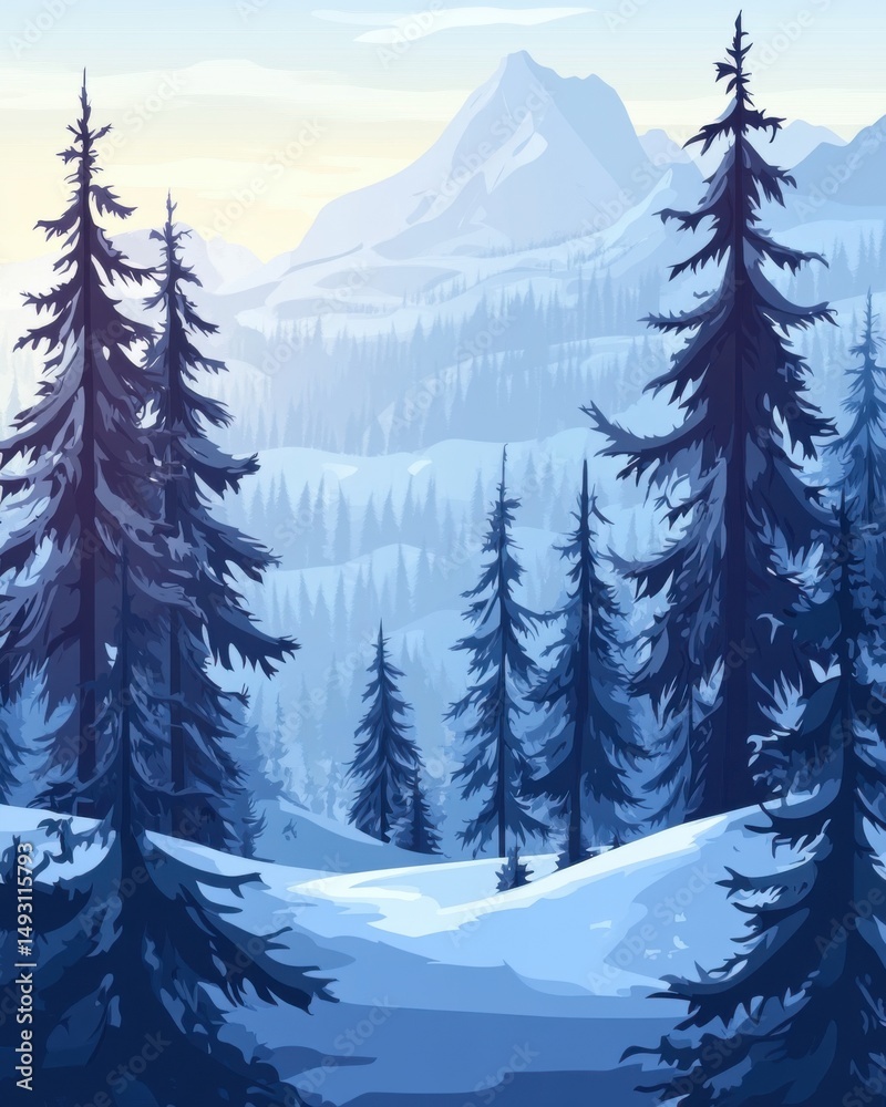 Fototapeta premium Snowy Mountain Landscape with Evergreen Trees in Winter Illustration Cold Blue Tones Serene Nature Scene