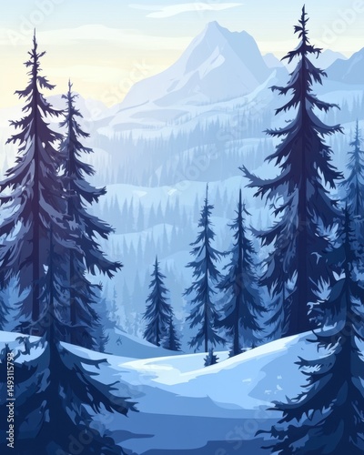 Snowy Mountain Landscape with Evergreen Trees in Winter Illustration Cold Blue Tones Serene Nature Scene