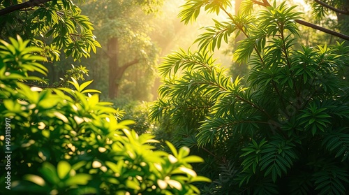 Serene sunlit forest scene showcasing lush green foliage and natural beauty