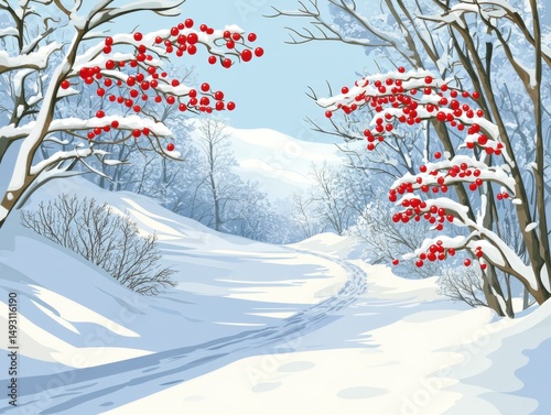 Winter Landscape Illustration of Snow Covered Trees with Red Berries and Footprints in a Snowy Path under a Blue Sky