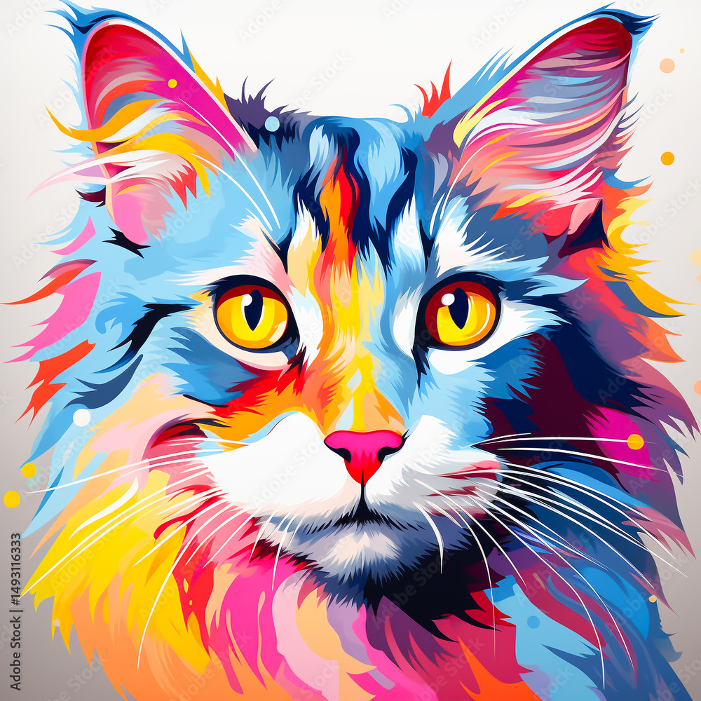 Fototapeta Colorful cat. Artistic cute cat illustration. Creative design. Close-up of a colored cat with blue eyes. Digital graphics.