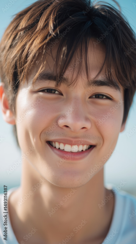 Young man with bright smile and short, tousled hair, enjoying sunny day outdoors. His cheerful expression radiates happiness and warmth Young man with bright smile and short, tousled hair, enjoying sunny day outdoors. His cheerful expression radiates happiness and warmth