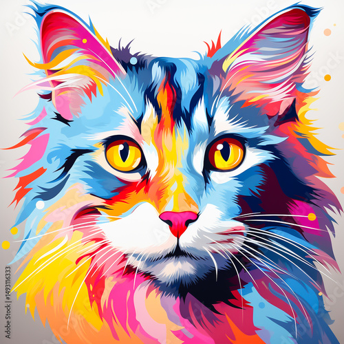 Colorful cat. Artistic cute cat illustration. Creative design. Close-up of a colored cat with blue eyes. Digital graphics.
