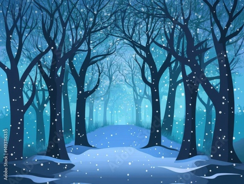 Snowy Winter Forest Scene Illustration with Falling Snowflakes and Blue Tones Graphic Design Art