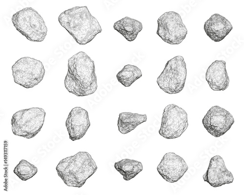 A set of rocks are shown in a black and white illustration. The rocks are scattered across the image, with some placed closer together and others further apart. Scene is one of stillness and calm