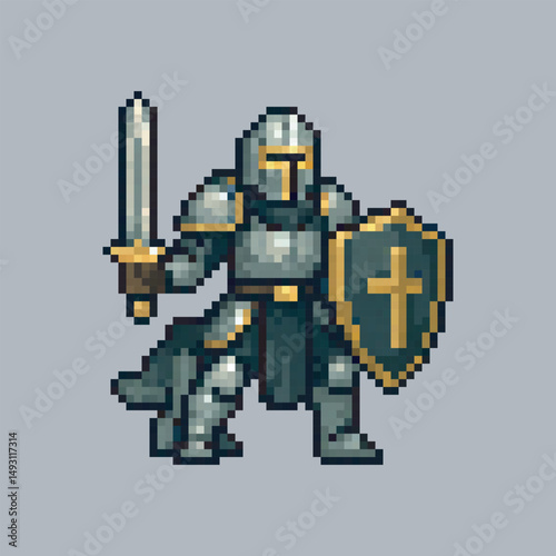 Iron knight character in pixel art style with isolated background