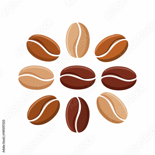 Flat Vector Coffee Beans Set in Various Shapes and Angles, Brown Tones, Isolated on White Background photo