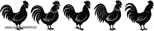 Silhouettes of Five Roosters in Profile View