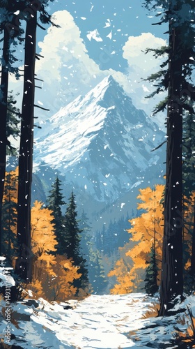 Snowy Mountain Peak Through Forest Path Landscape Painting Style Illustration