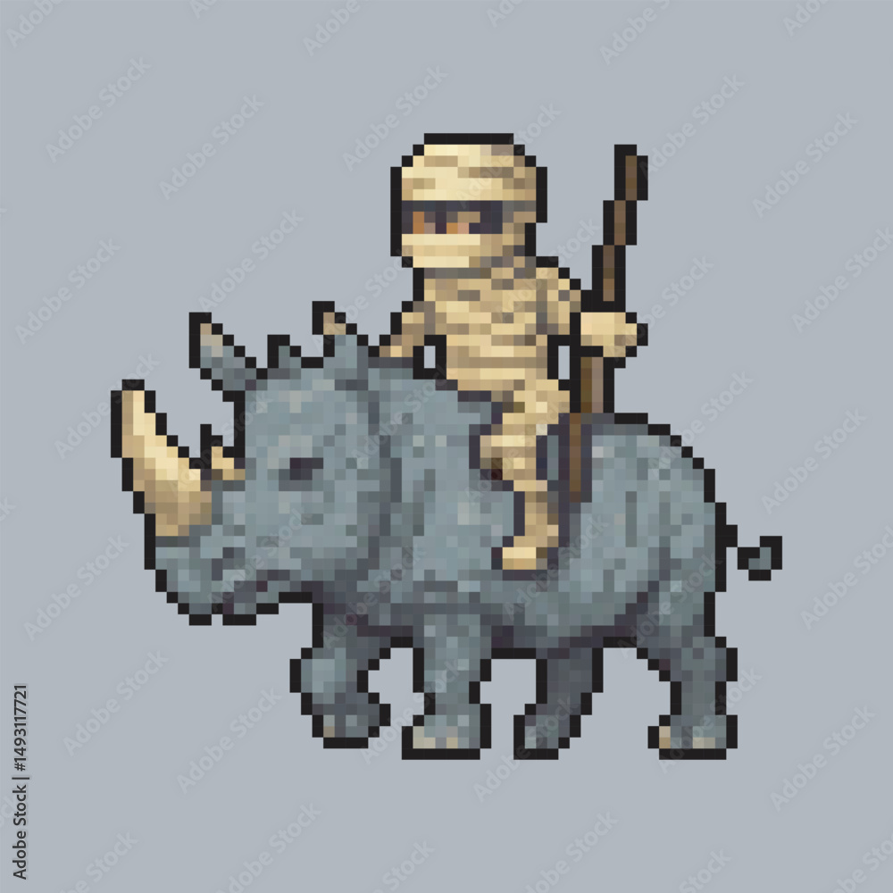 Fototapeta premium Mummy riding rhinoceros character in pixel art style with isolated background
