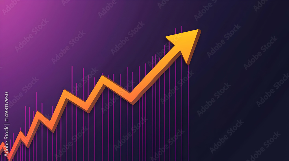 A vibrant graphic depicts upward growth. A bold orange arrow ascends against a dark purple background, with numerous vertical lines, indicating data points A vibrant graphic depicts upward growth. A bold orange arrow ascends against a dark purple background, with numerous vertical lines, indicating data points