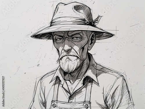 Anime elderly man hat maker on art line drawing in plain white background