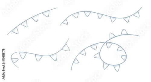 Vector illustration of Garlands. Linear pastel blue drawing of pennants for Baby shower invitations or childish party greeting cards. Outline sketch of Bunting with triangle flags for celebration.
