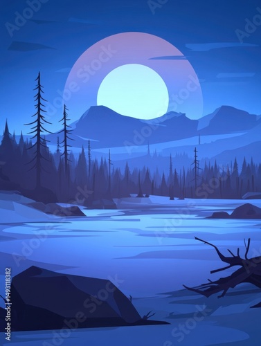 Minimalist landscape illustration of moon over mountains and forest with frozen lake in blue tones