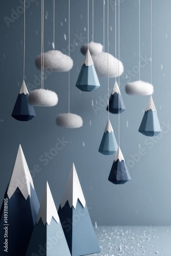 Wintery Paper Mountain Scene with Clouds, Hanging Mobile Style, Blue and White, Studio Shot, Minimalist, Dreamy