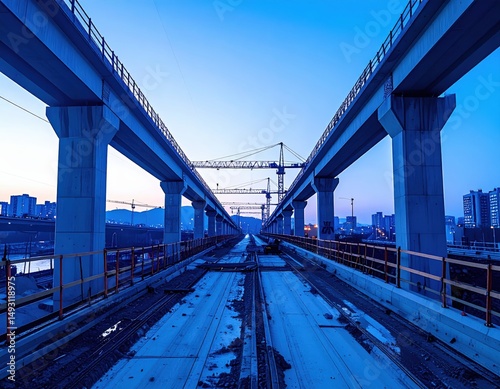 Urban infrastructure construction with elevated railway and cranes at dusk