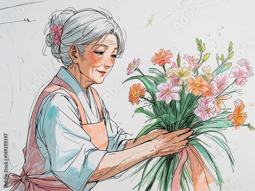Anime elderly woman flower arranger in gentle pastel manga style on art line drawing in plain white background