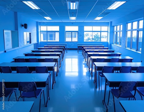 Bright blue classroom with desks and windows