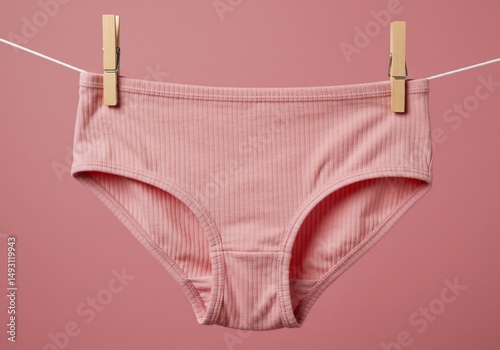 Pink cotton briefs on washing line with pegs, against pink background, for hygiene