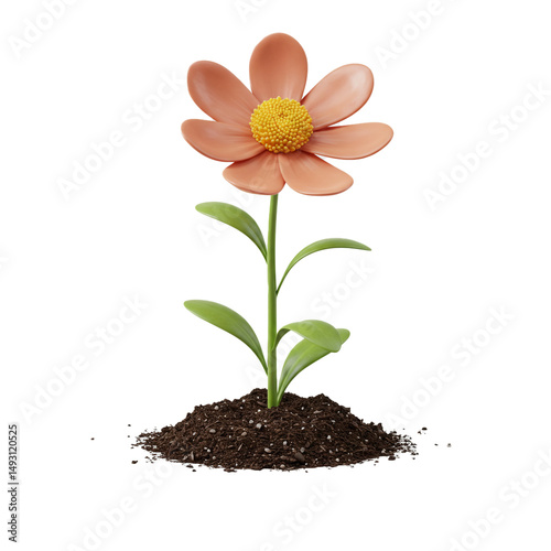 A vibrant, 3d rendered peach-colored flower sprouting from rich soil, a symbol of growth and blossoming