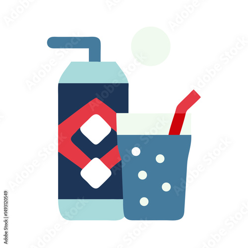 Modern flat vector of a soda can with a glass, symbolizing refreshing soft drinks and fast food culture in digital design.
