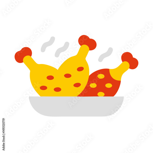 Minimal flat-style illustration of two hot and crispy chicken legs served on a plate, perfect for comfort food or fast-food themes.
