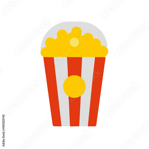 Minimal flat-style illustration of a striped popcorn container filled with fluffy kernels, perfect for movie night and snack themes.
