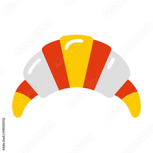 Brightly colored croissant illustration with orange, yellow, and white stripes in playful flat design.
